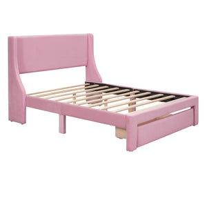 Full Size Velvet Upholstered Platform Bed with Large Drawer