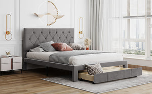 Queen Size Velvet Upholstered Platform Bed with Large Drawer