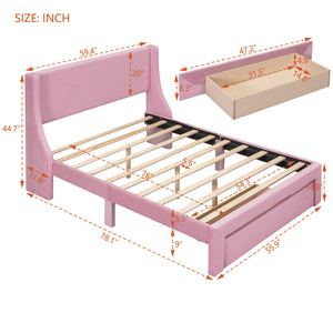 Full Size Velvet Upholstered Platform Bed with Large Drawer