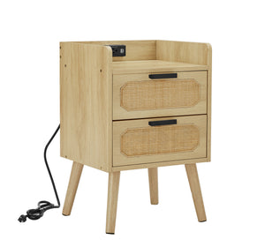 Rattan Nightstand with Socket Side Table Natural Handmade Rattan - Set of 2