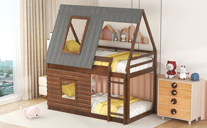 Twin Size Wood House Bunk Bed with Roof, Ladder and 2 Windows