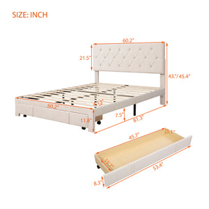 Queen Size Velvet Upholstered Platform Bed with Large Drawer