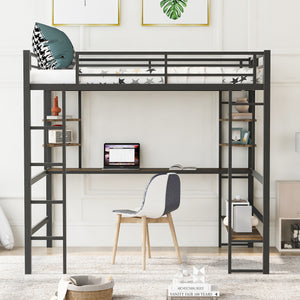 Full Size Loft Bed with Long Desk and Shelves