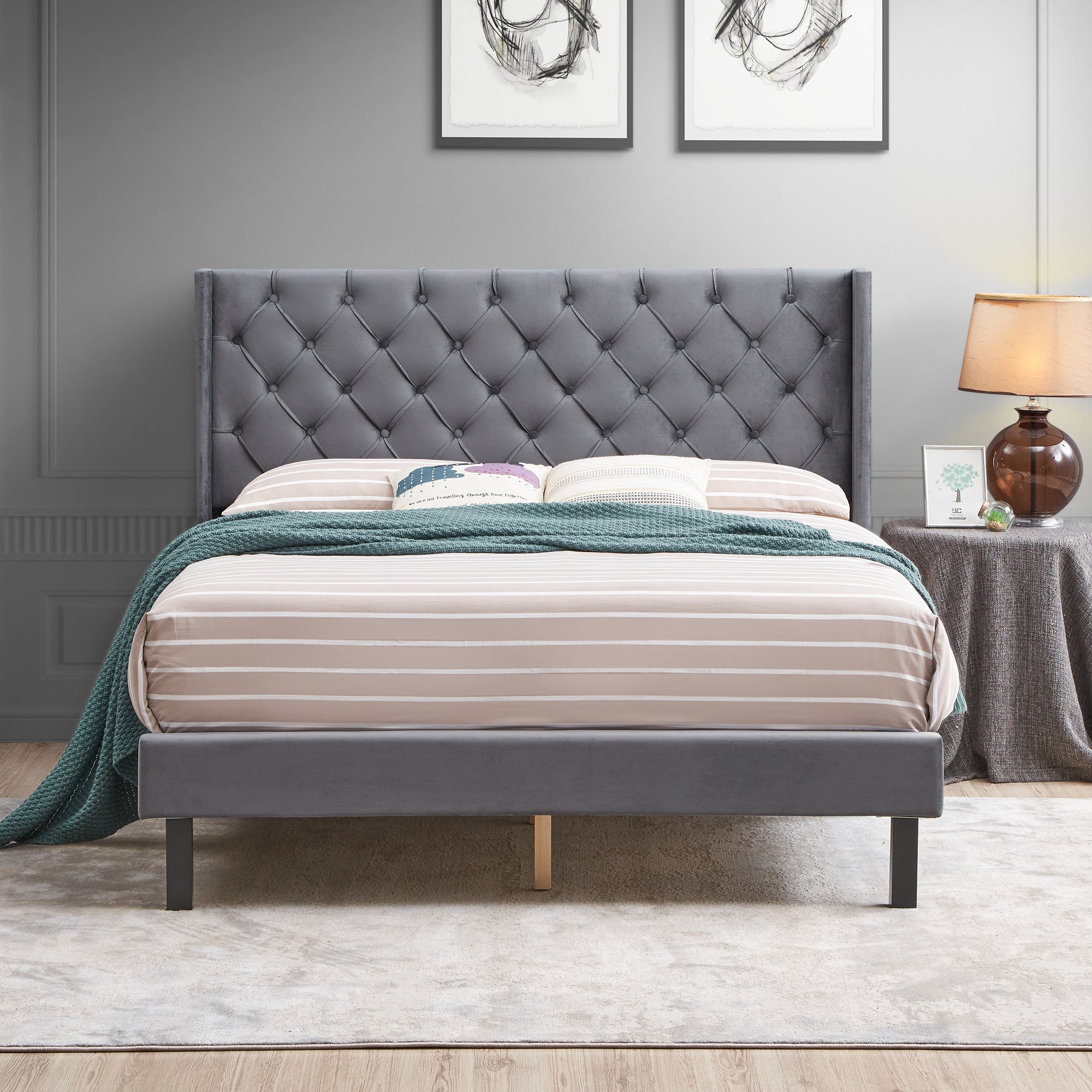 Velvet Button Tufted-Upholstered Bed with Wings - Strong Wood Slat Support - Easy Assembly