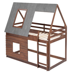 Twin Size Wood House Bunk Bed with Roof, Ladder and 2 Windows