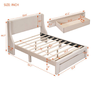 Full Size Velvet Upholstered Platform Bed with Large Drawer