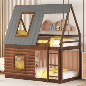 Twin Size Wood House Bunk Bed with Roof, Ladder and 2 Windows