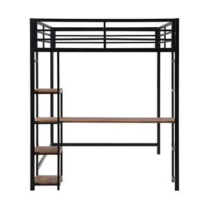 Full Size Metal Loft Bed with Built-in Desk and Storage Shelves