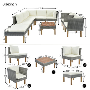 9-Piece Outdoor Patio Garden Wicker Sofa Set, Gray PE Rattan Sofa Set, with Wood Legs, Acacia Wood Tabletop, Armrest Chairs with Beige Cushions