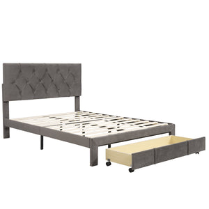 Full Size Velvet Upholstered Platform Bed with Large Drawer