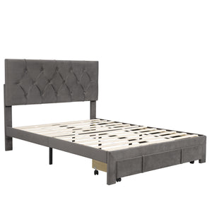 Full Size Velvet Upholstered Platform Bed with Large Drawer