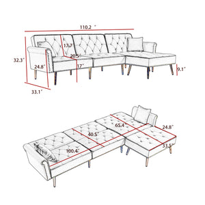 L-Shaped Modern Velvet Upholstered Reversible Sectional Sofa Bed with Movable Ottoman and Nail Head Trim