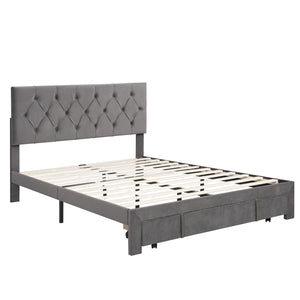 Queen Size Velvet Upholstered Platform Bed with Large Drawer