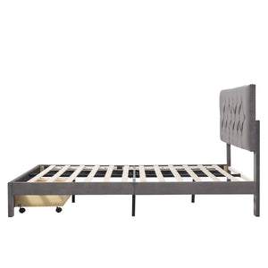 Queen Size Velvet Upholstered Platform Bed with Large Drawer