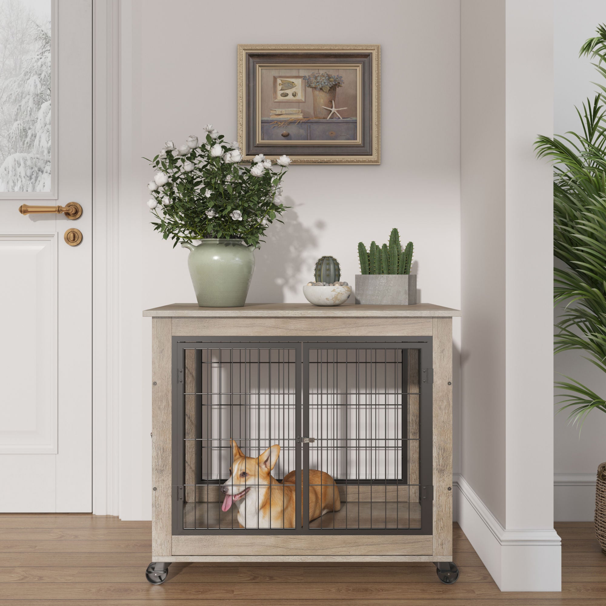 Furniture Style Dog Crate with Double Doors on Casters - 31.50'' W x 22.05'' D x 24.8''