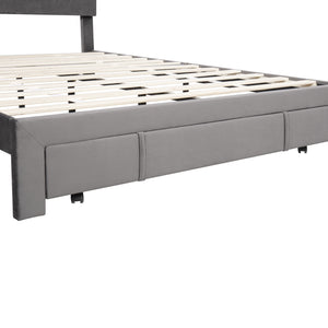 Queen Size Velvet Upholstered Platform Bed with Large Drawer