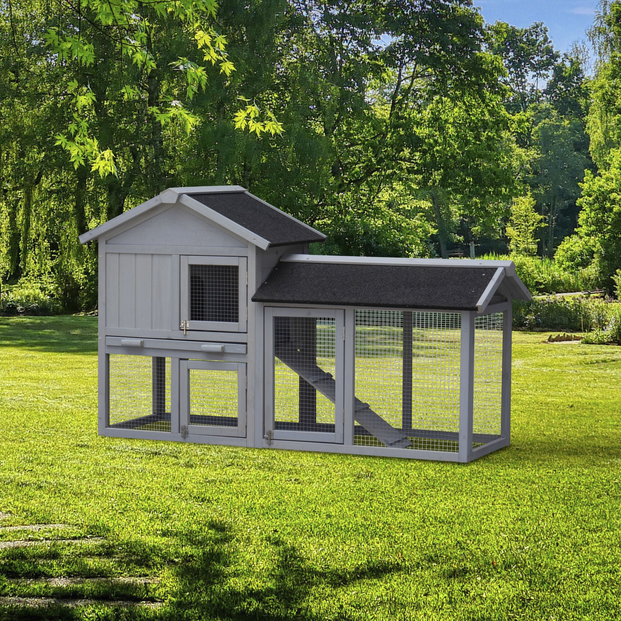 Rabbit Hutch / Chicken Coop with Large Run Space and No-Leak Plastic Tray