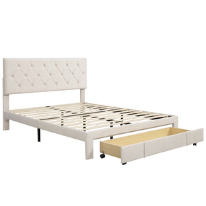 Queen Size Velvet Upholstered Platform Bed with Large Drawer