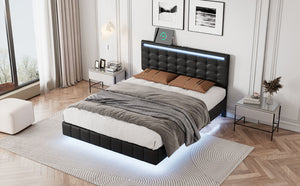 Full Size Floating Bed Frame with LED Lights and USB Charging