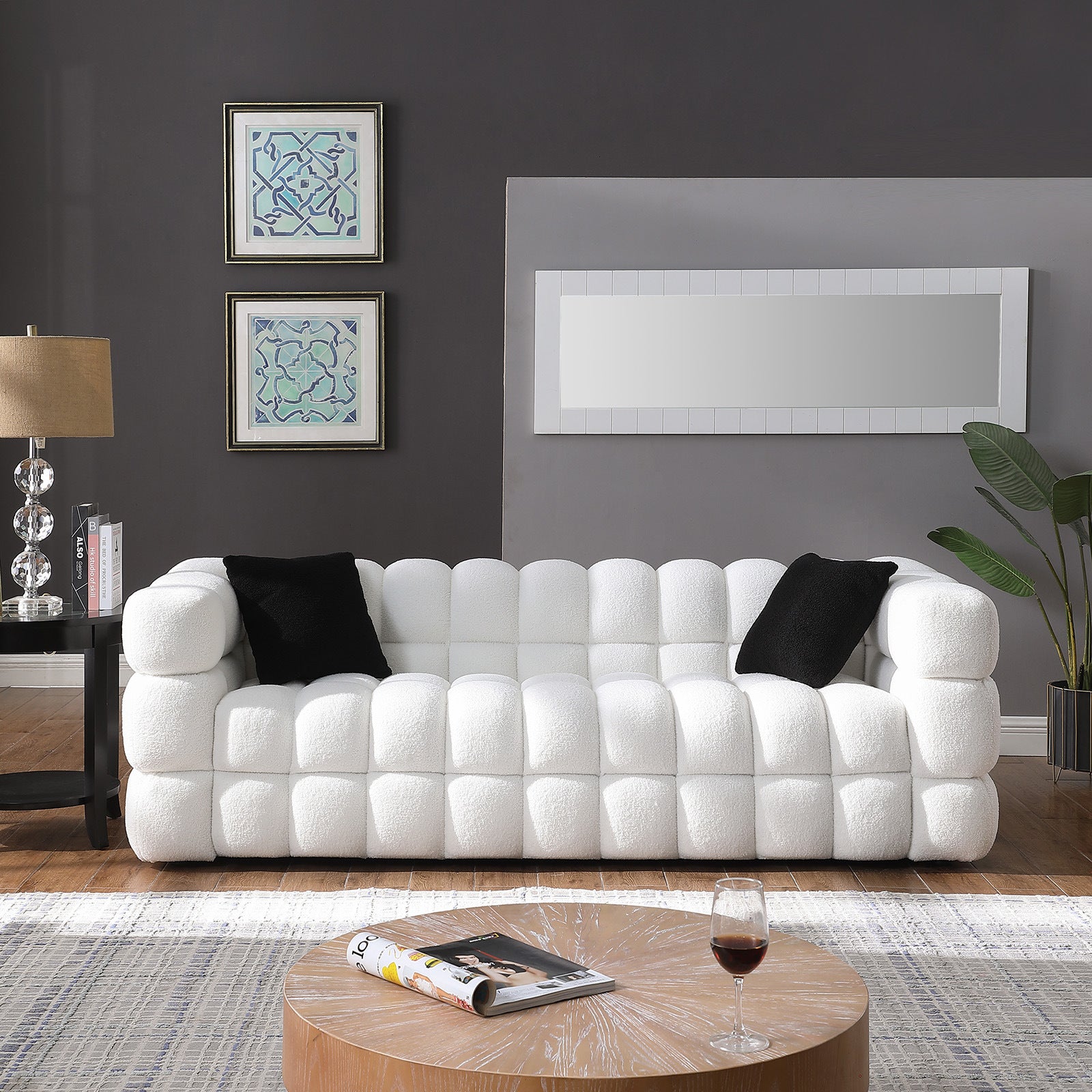 84.3 length ,35.83\" deepth ,human body structure for USA people, marshmallow sofa,boucle sofa ,White color,3 seater