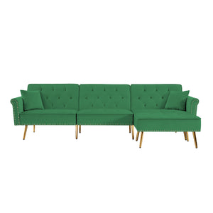 L-Shaped Modern Velvet Upholstered Reversible Sectional Sofa Bed with Movable Ottoman and Nail Head Trim