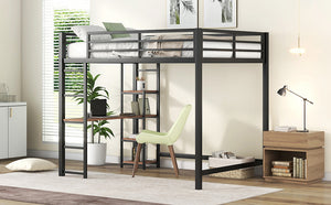 Full Size Metal Loft Bed with Built-in Desk and Storage Shelves