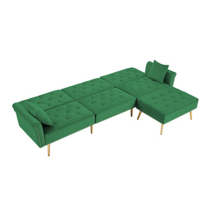 L-Shaped Modern Velvet Upholstered Reversible Sectional Sofa Bed with Movable Ottoman and Nail Head Trim