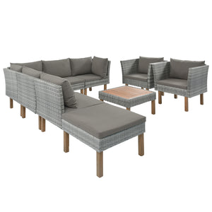 9-Piece Outdoor Patio Garden Wicker Sofa Set, Gray PE Rattan Sofa Set, with Wood Legs, Acacia Wood Tabletop, Armrest Chairs with Beige Cushions