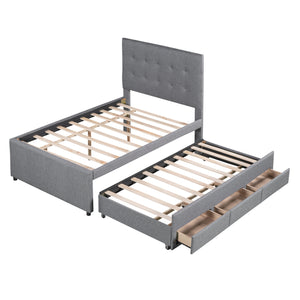 Full Size Upholstered Platform Bed with Pull-out Twin Size Trundle and 3 Drawers