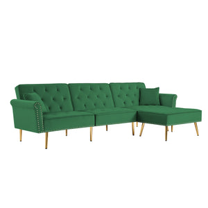 L-Shaped Modern Velvet Upholstered Reversible Sectional Sofa Bed with Movable Ottoman and Nail Head Trim