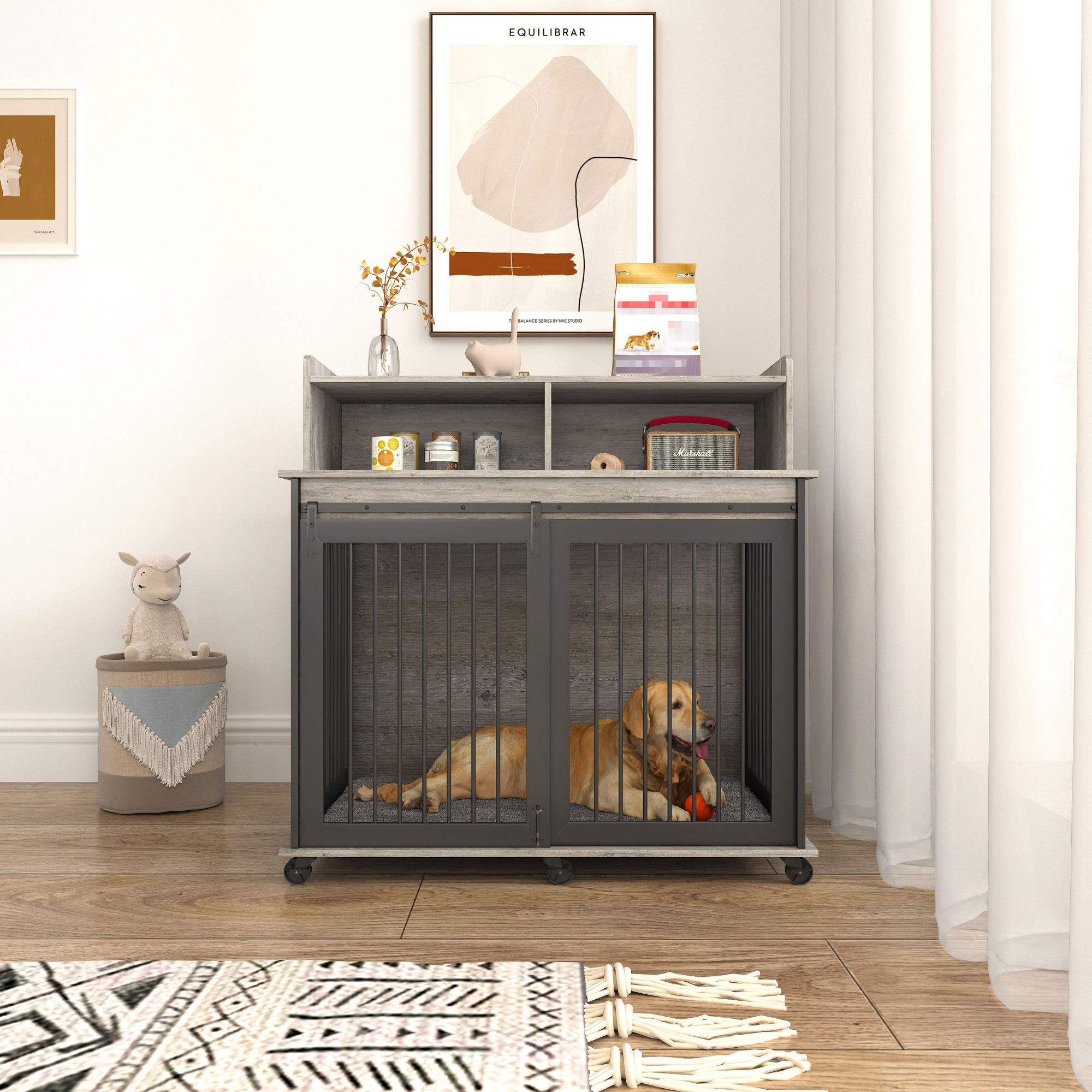 Furniture Style Dog Crate with Iron Frame Door, Cabinet and Lift Top, Rustic Brown - 43.7'' W x 29.9'' D x 42.2'' H