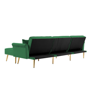 L-Shaped Modern Velvet Upholstered Reversible Sectional Sofa Bed with Movable Ottoman and Nail Head Trim