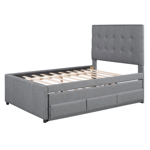 Full Size Upholstered Platform Bed with Pull-out Twin Size Trundle and 3 Drawers