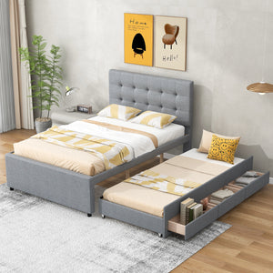 Full Size Upholstered Platform Bed with Pull-out Twin Size Trundle and 3 Drawers