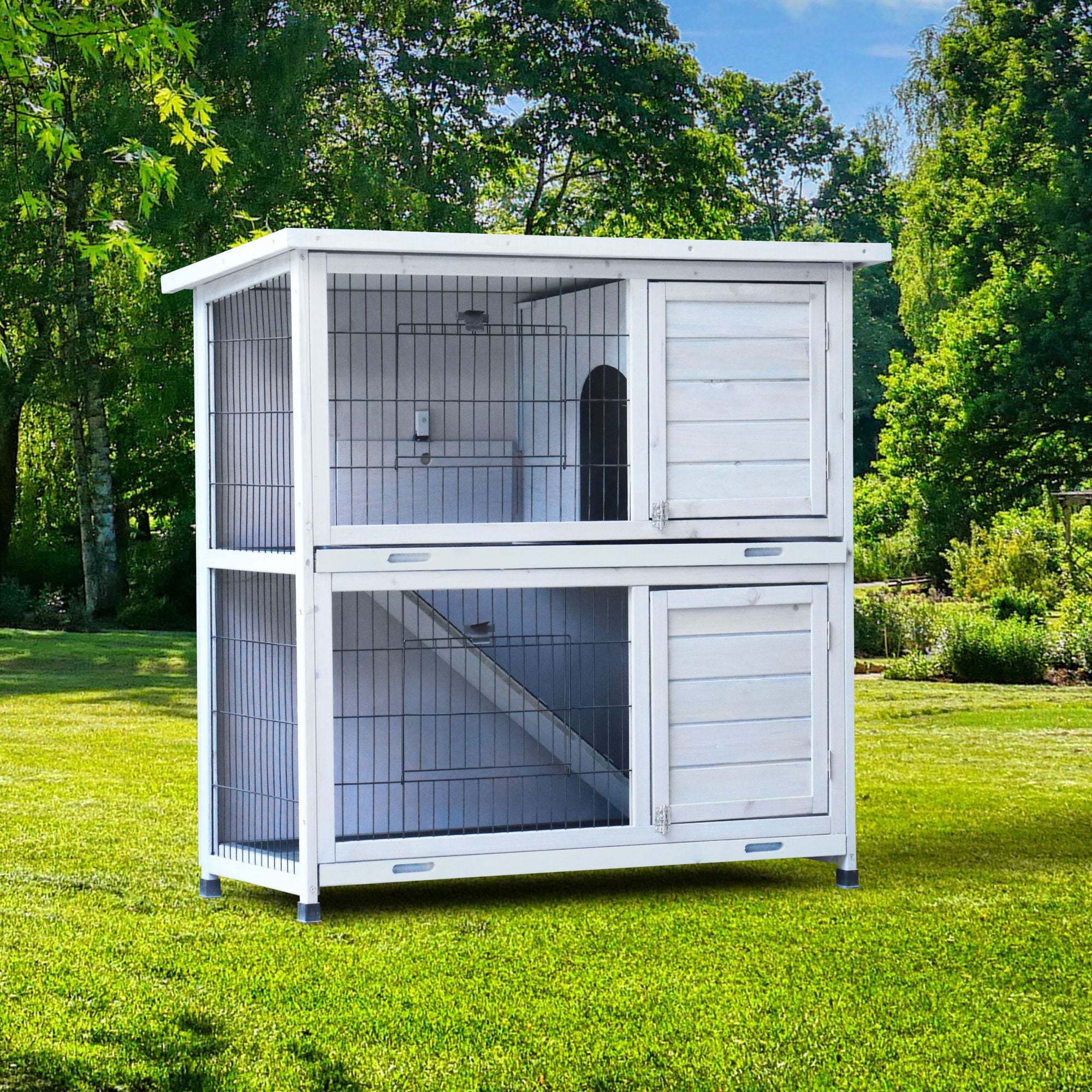 2-Story Rabbit Hutch with Non-Slip Run and 2 Removable No-Leak Trays