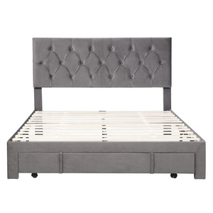 Queen Size Velvet Upholstered Platform Bed with Large Drawer