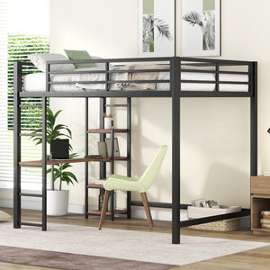 Full Size Metal Loft Bed with Built-in Desk and Storage Shelves