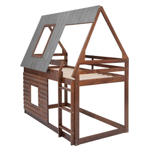 Twin Size Wood House Bunk Bed with Roof, Ladder and 2 Windows