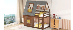 Twin Size Wood House Bunk Bed with Roof, Ladder and 2 Windows