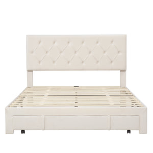 Queen Size Velvet Upholstered Platform Bed with Large Drawer