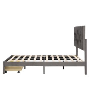 Full Size Velvet Upholstered Platform Bed with Large Drawer