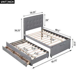 Full Size Upholstered Platform Bed with Pull-out Twin Size Trundle and 3 Drawers