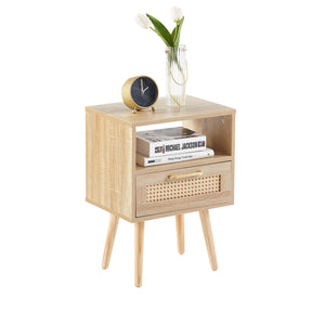 15.75" Rattan End table with drawer and solid wood legs